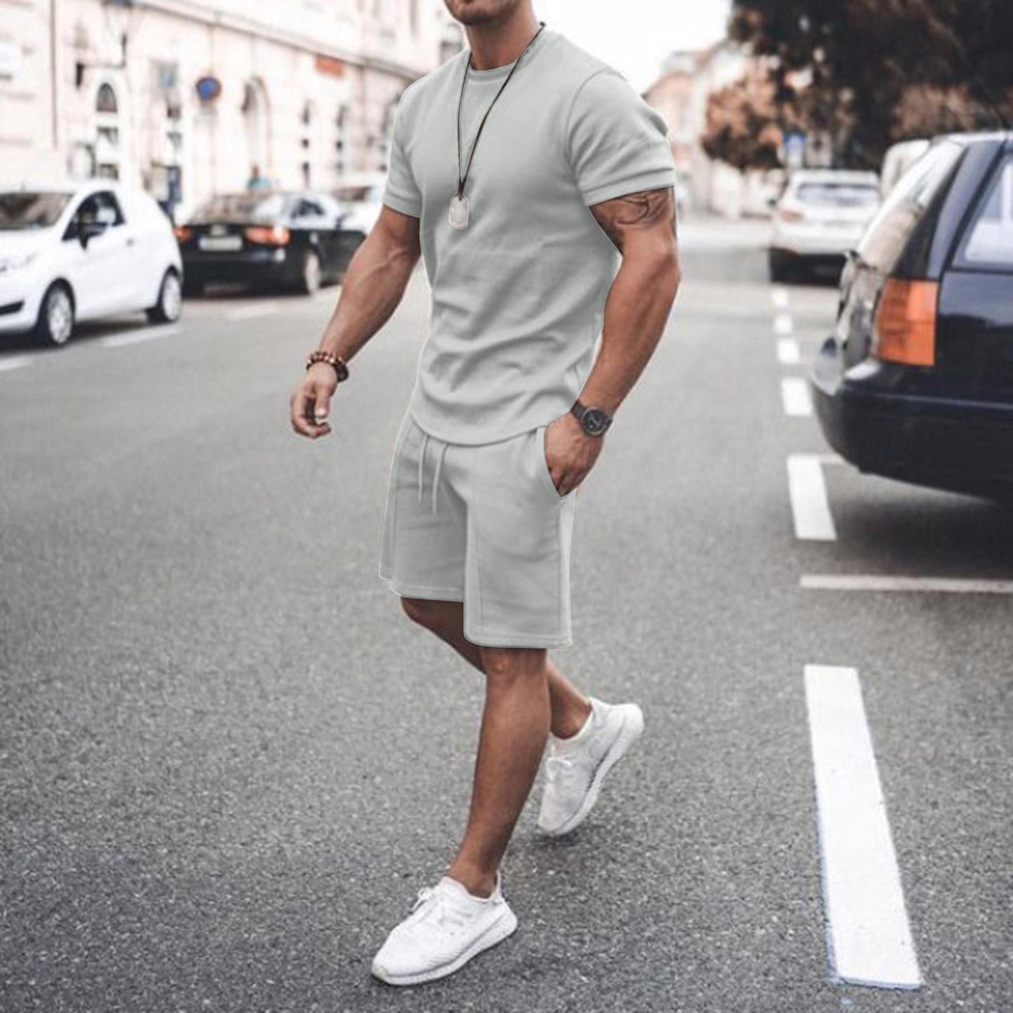 Men's Summer Short Sleeve Shorts Set Casual Sportswear Polyester Cotton Blend T-Shirt Bottoms Fashionable Urban Wear