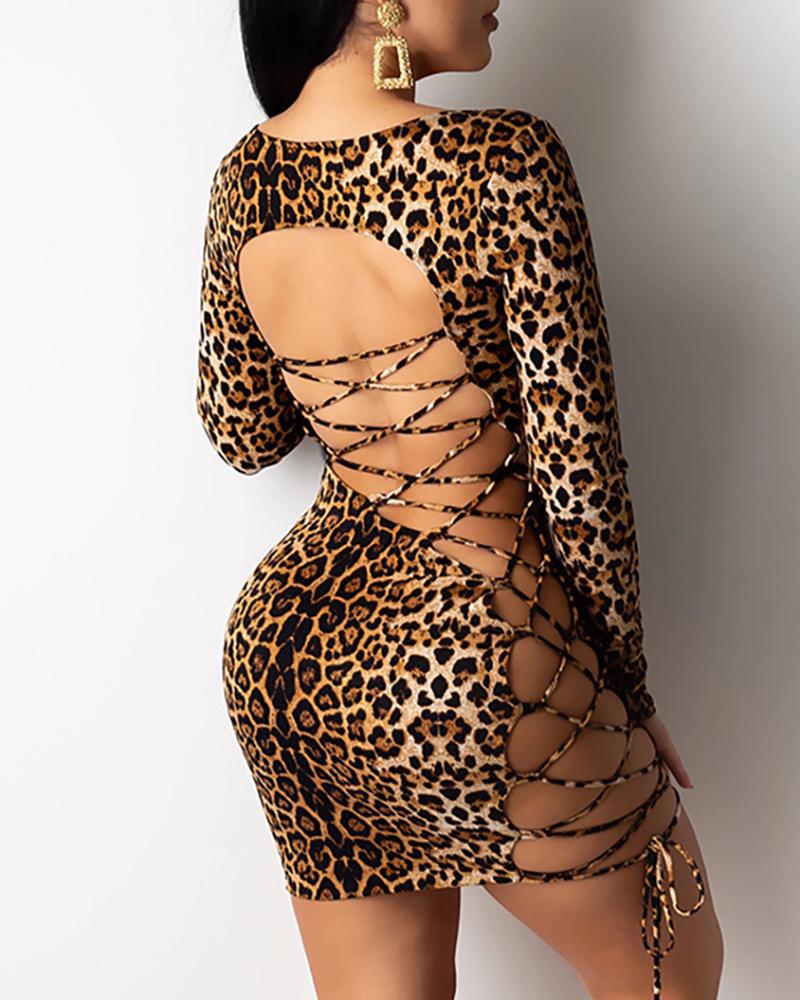 Amazon Hot Hot Hot European and American Super Sexy Nightclub Leopard Print Backless Lace-up Hip Short Dress