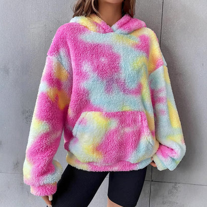 All-match Tie-dyed Pocket Plush Hooded Sweater