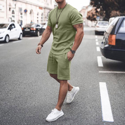 Men's Summer Short Sleeve Shorts Set Casual Sportswear Polyester Cotton Blend T-Shirt Bottoms Fashionable Urban Wear