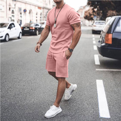 Men's Summer Short Sleeve Shorts Set Casual Sportswear Polyester Cotton Blend T-Shirt Bottoms Fashionable Urban Wear