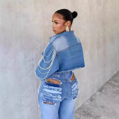 2024 Amazon Independent Station Explosions Foreign Trade Denim Jacket Women's Fashion Pearl Chain Handmade Beaded Denim Jacket