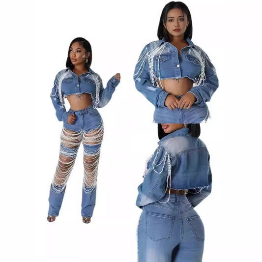 2024 Amazon Independent Station Explosions Foreign Trade Denim Jacket Women's Fashion Pearl Chain Handmade Beaded Denim Jacket