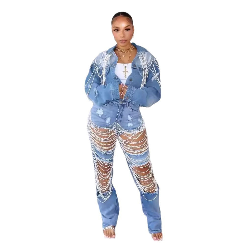 2024 Amazon Independent Station Explosions Foreign Trade Denim Jacket Women's Fashion Pearl Chain Handmade Beaded Denim Jacket