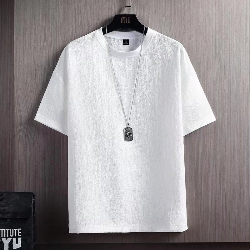 Linen Short-sleeved T-shirt Men's Summer New Half-sleeved T-shirt Cotton and Linen Solid Color Loose Base Shirt White Half Sleeve
