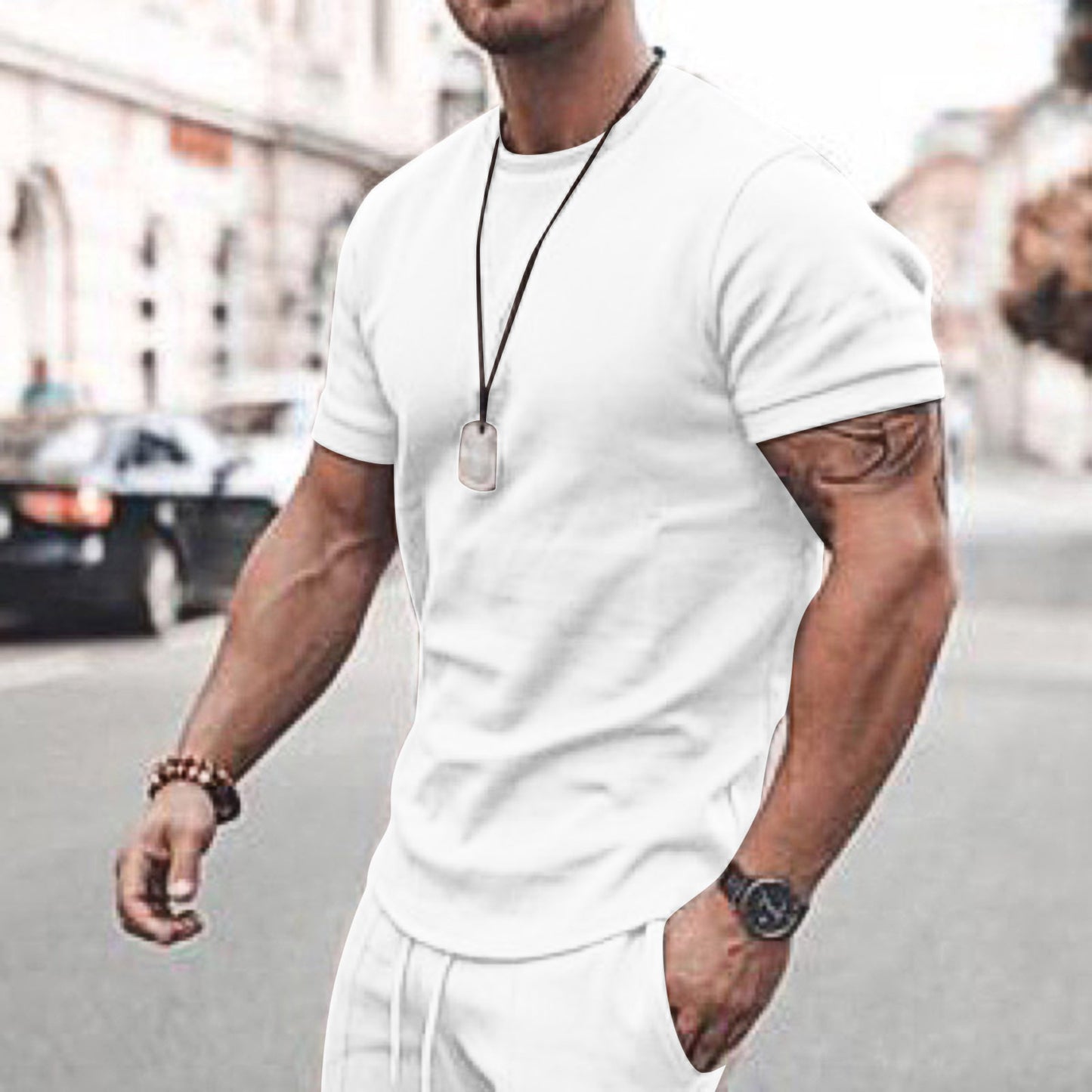 Men's Summer Short Sleeve Shorts Set Casual Sportswear Polyester Cotton Blend T-Shirt Bottoms Fashionable Urban Wear
