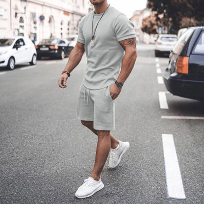 Men's Summer Short Sleeve Shorts Set Casual Sportswear Polyester Cotton Blend T-Shirt Bottoms Fashionable Urban Wear