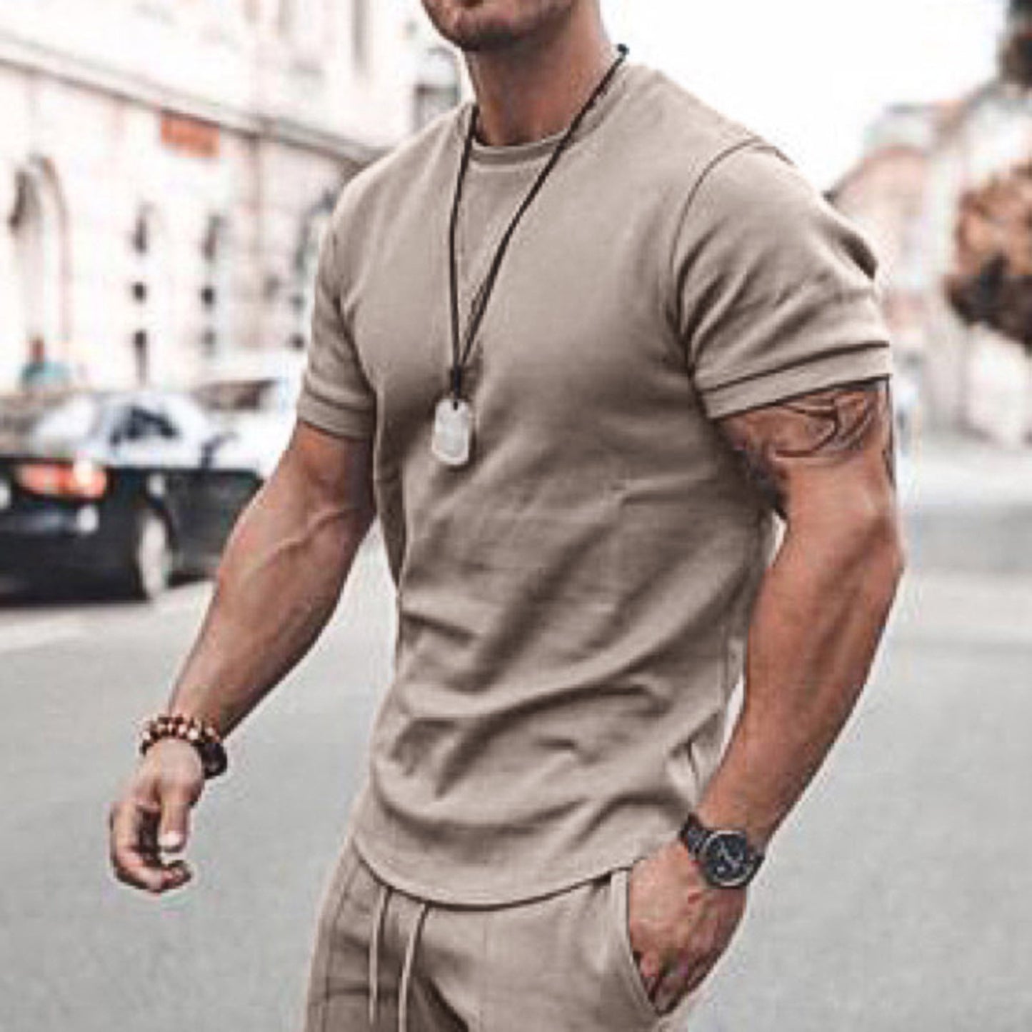 Men's Summer Short Sleeve Shorts Set Casual Sportswear Polyester Cotton Blend T-Shirt Bottoms Fashionable Urban Wear
