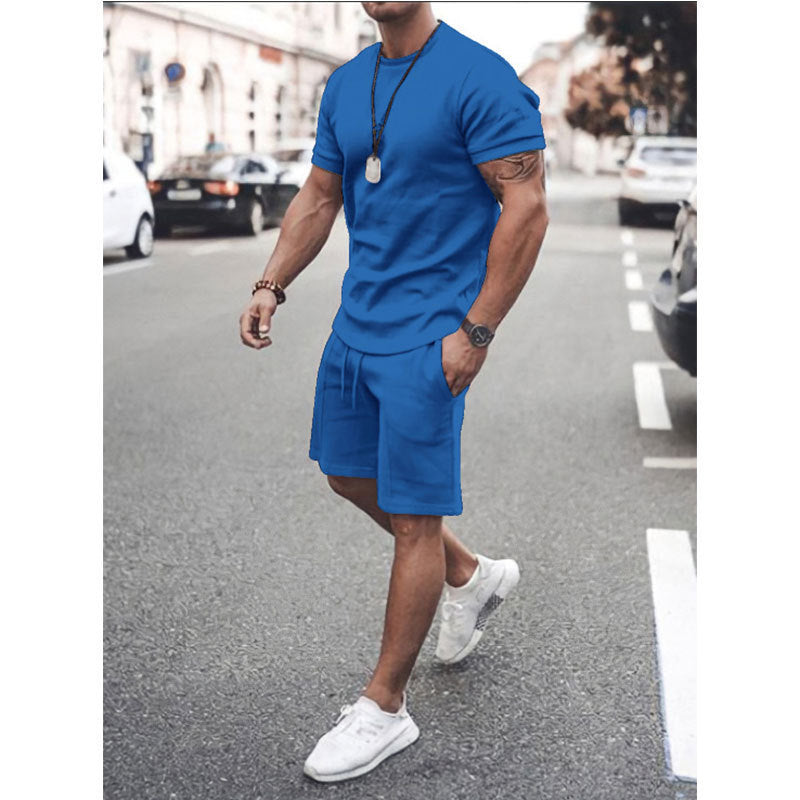 Men's Summer Short Sleeve Shorts Set Casual Sportswear Polyester Cotton Blend T-Shirt Bottoms Fashionable Urban Wear