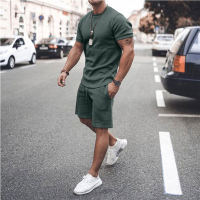 Men's Summer Short Sleeve Shorts Set Casual Sportswear Polyester Cotton Blend T-Shirt Bottoms Fashionable Urban Wear