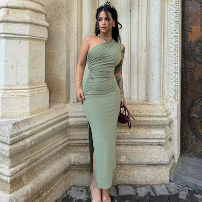 European and American style cross-border 2024 summer new style oblique shoulder solid color slit sleeveless pure desire sexy temperament slim dress