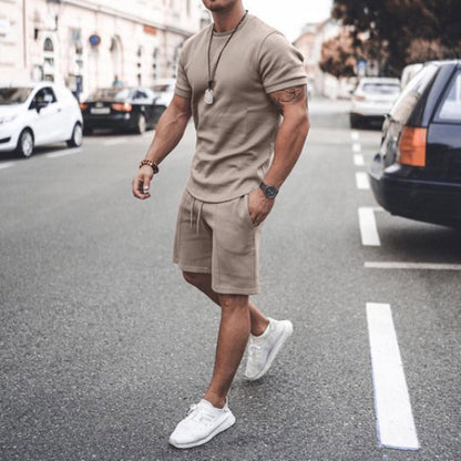Men's Summer Short Sleeve Shorts Set Casual Sportswear Polyester Cotton Blend T-Shirt Bottoms Fashionable Urban Wear