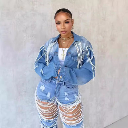 2024 Amazon Independent Station Explosions Foreign Trade Denim Jacket Women's Fashion Pearl Chain Handmade Beaded Denim Jacket