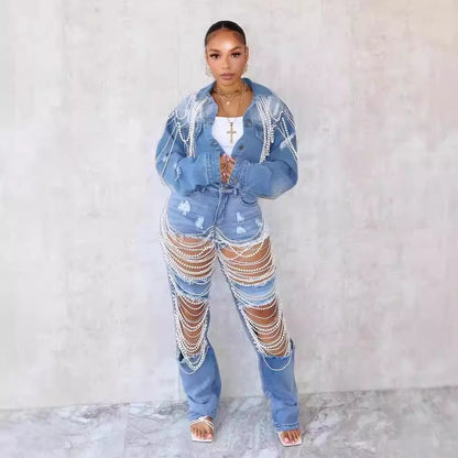 2024 Amazon Independent Station Explosions Foreign Trade Denim Jacket Women's Fashion Pearl Chain Handmade Beaded Denim Jacket
