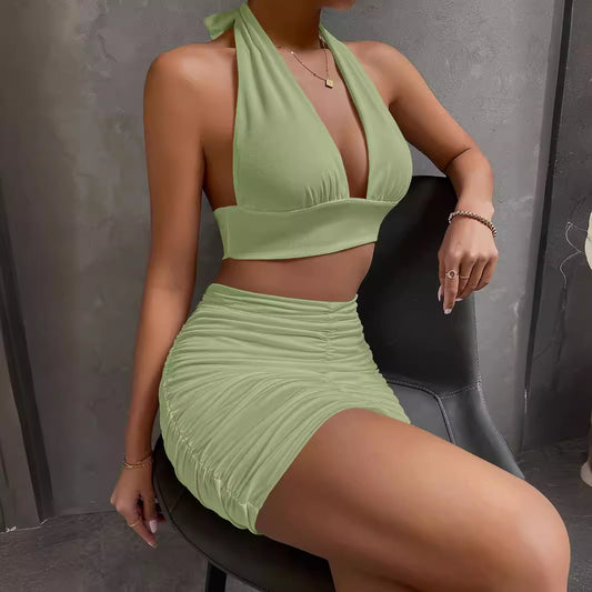 2024 Cross-border Women's Hanging Neck Lace-up Hip Skirt Two-piece European and American Sexy Navel-exposed Pleated V-neck Slip Skirt