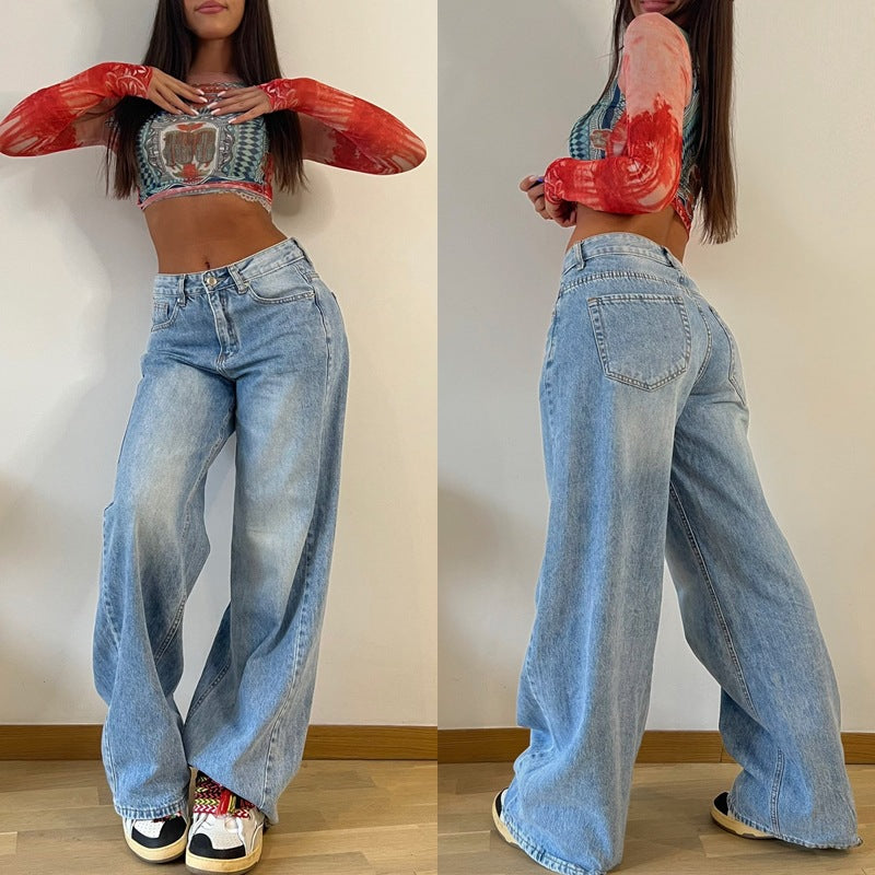 2024 cross-border new retro American long wide-leg pants hot girl loose wide-leg jeans women's high waist trousers