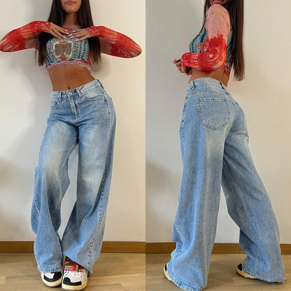 2024 cross-border new retro American long wide-leg pants hot girl loose wide-leg jeans women's high waist trousers