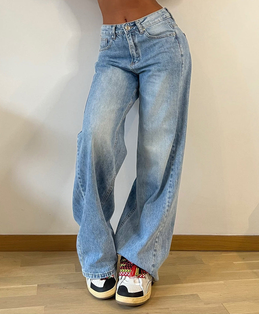 2024 cross-border new retro American long wide-leg pants hot girl loose wide-leg jeans women's high waist trousers