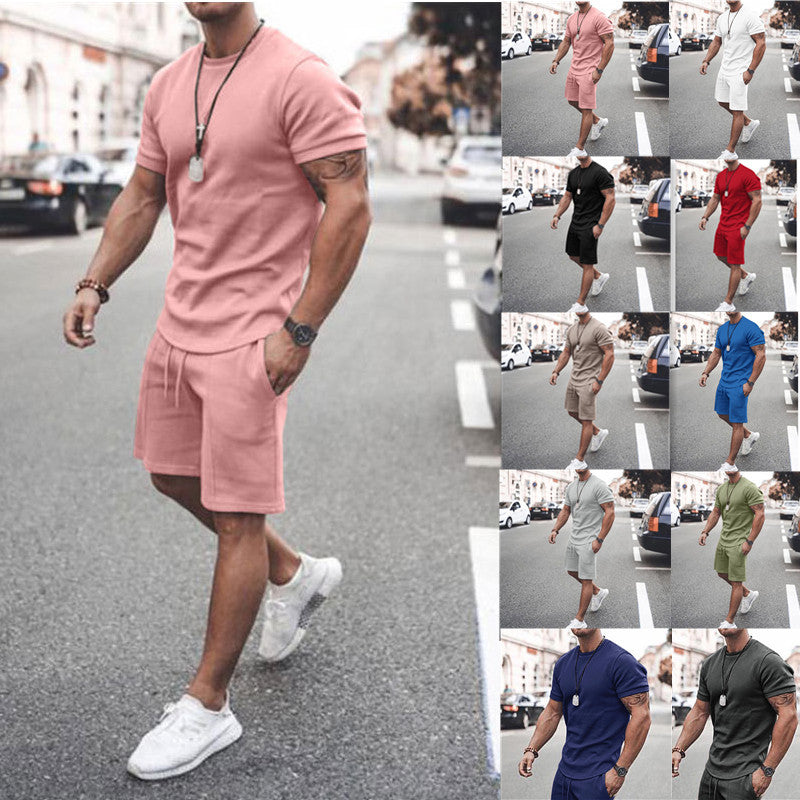 Men's Summer Short Sleeve Shorts Set Casual Sportswear Polyester Cotton Blend T-Shirt Bottoms Fashionable Urban Wear