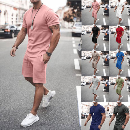 Men's Summer Short Sleeve Shorts Set Casual Sportswear Polyester Cotton Blend T-Shirt Bottoms Fashionable Urban Wear