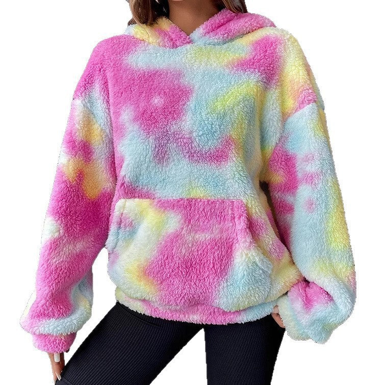 All-match Tie-dyed Pocket Plush Hooded Sweater