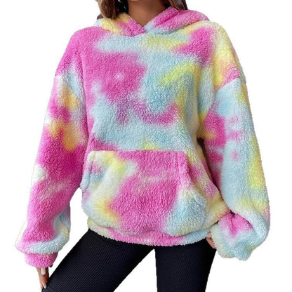 All-match Tie-dyed Pocket Plush Hooded Sweater