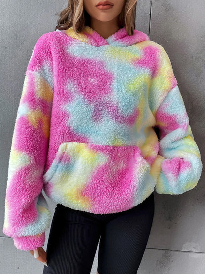 All-match Tie-dyed Pocket Plush Hooded Sweater