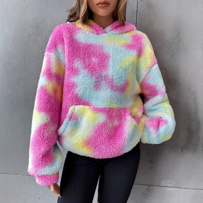 All-match Tie-dyed Pocket Plush Hooded Sweater