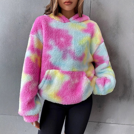 All-match Tie-dyed Pocket Plush Hooded Sweater